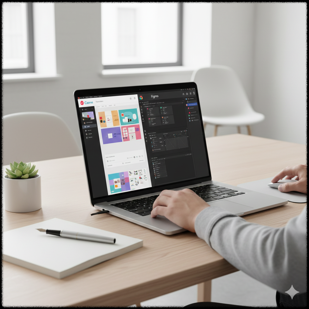 디지털 템플릿 디자인과 편집 작업을 진행하는 모습