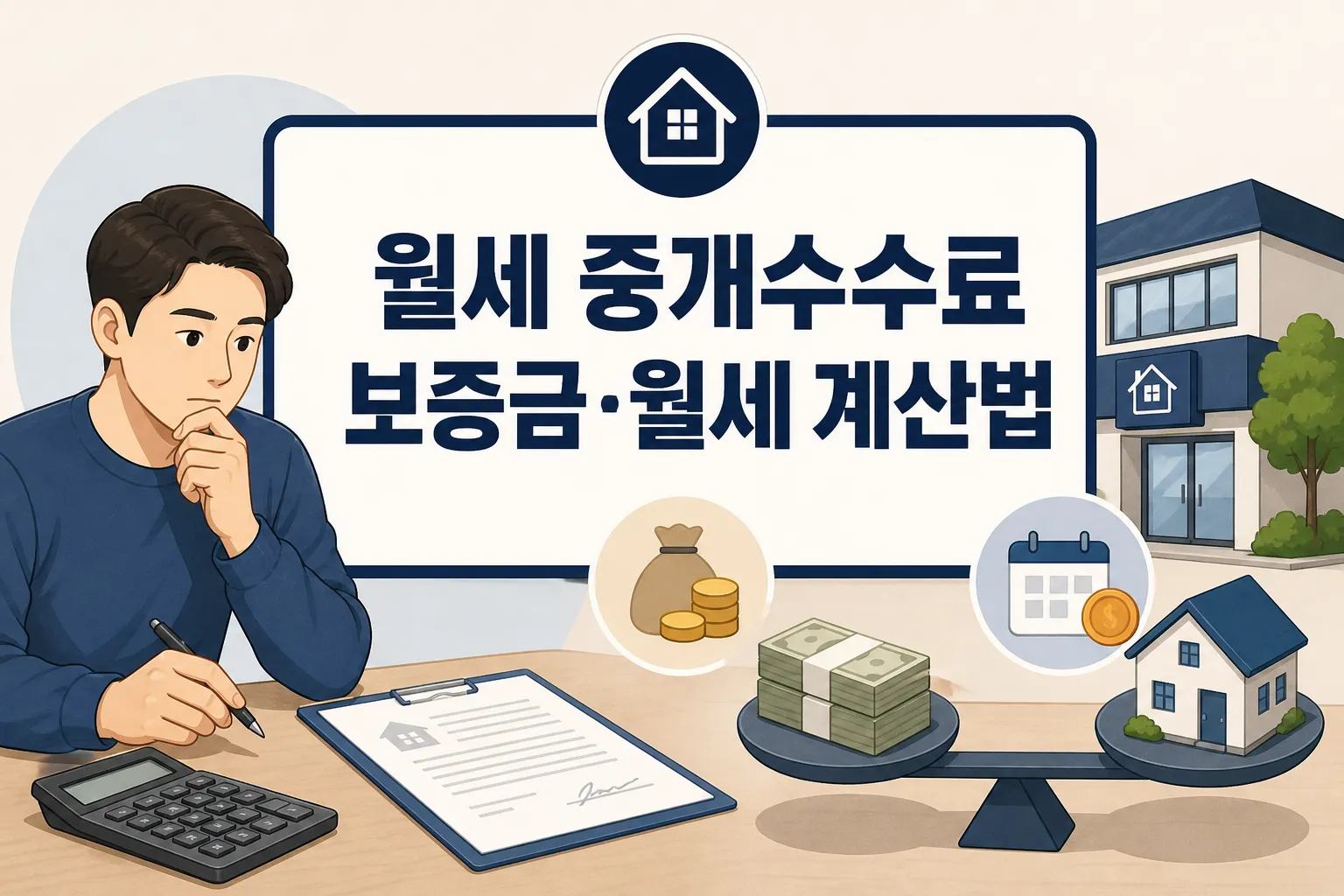 월세 중개수수료 계산법을 보증금과 월세 기준으로 이해하도록 계약서와 계산기, 비용 비교 요소를 함께 보여주는 대표 이미지