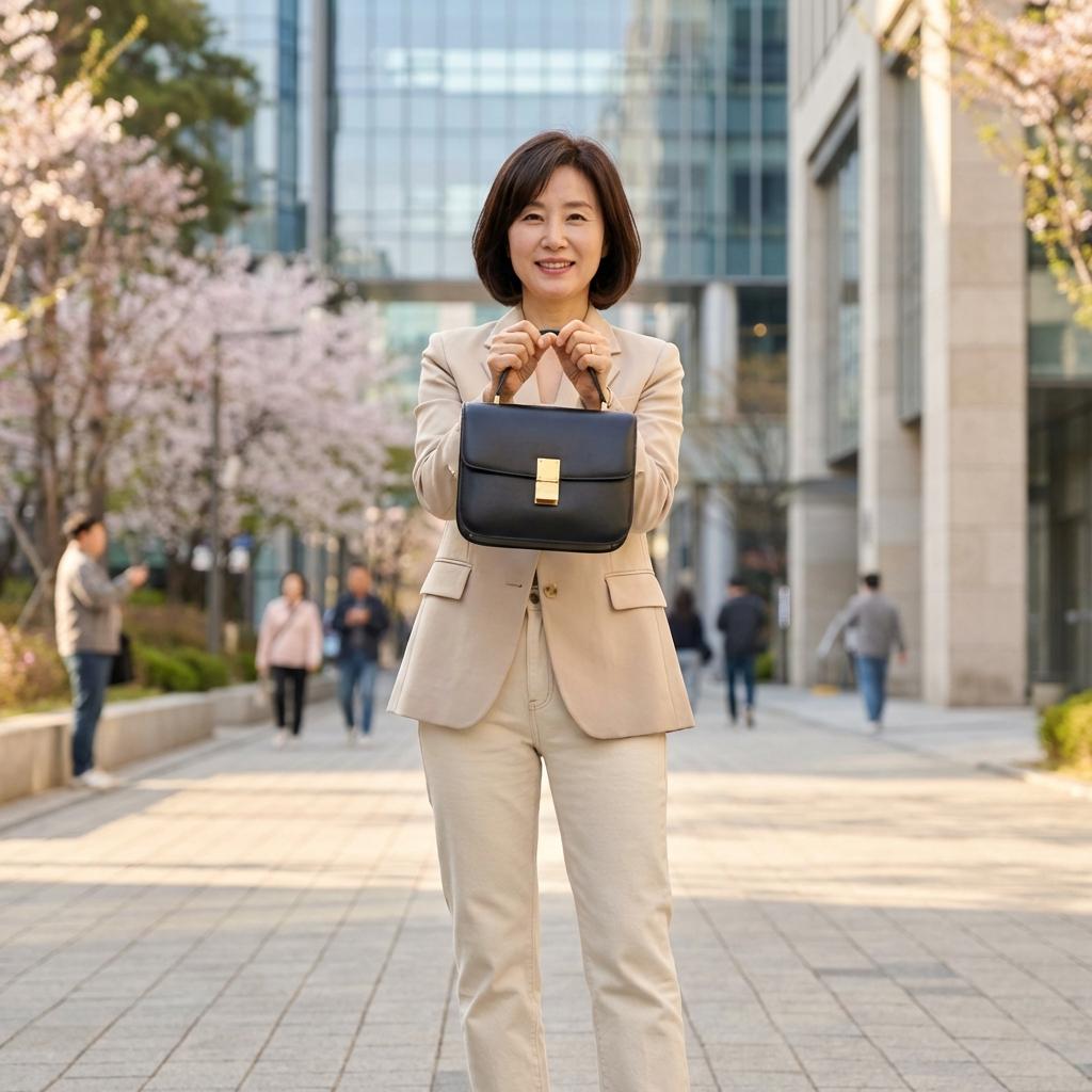 블랙 가방 포인트로 완성하는 세련된 50대 코디