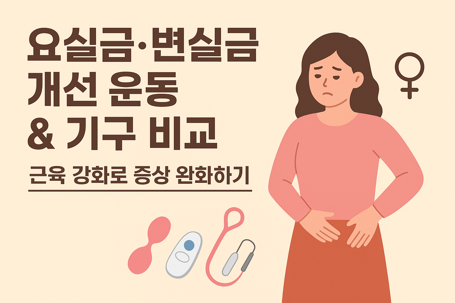 <img src="이미지경로/요실금-변실금-운동-기구-비교.png" alt="요실금 변실금 개선 운동과 기구 비교, 케겔운동과 보조기구 설명, 여성 건강 관리 인포그래픽" />