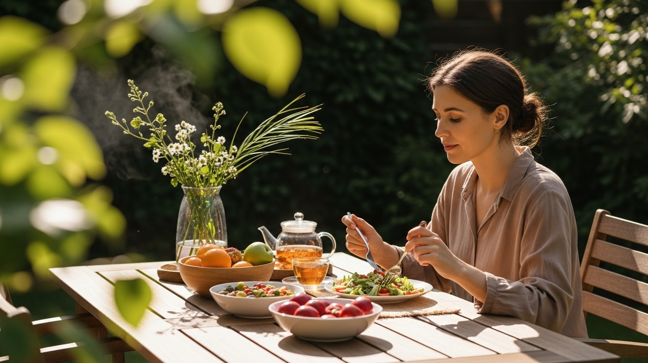 한 여인이 야외 테이블에 앉아 느긋한 아침 식사를 하고 있다