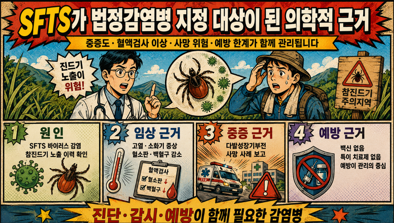 SFTS가 법정감염병 지정 대상이 된 의학적 근거를 원인, 임상 소견, 중증 위험, 예방 한계로 구분해 설명한 옛날 만화 형식 인포그래픽