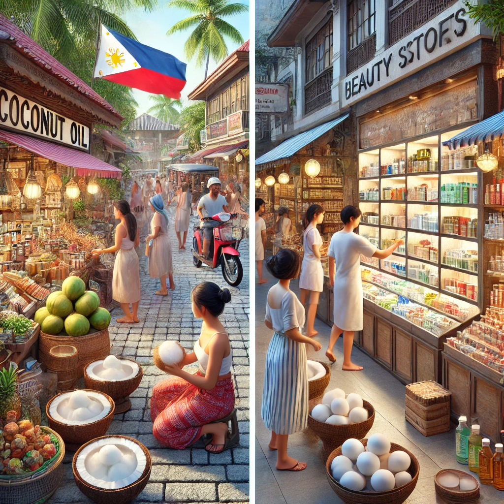 세부 전통 시장과 현대적인 뷰티 스토어에서 코코넛 오일과 필리핀 전통 화장품을 쇼핑하는 모습