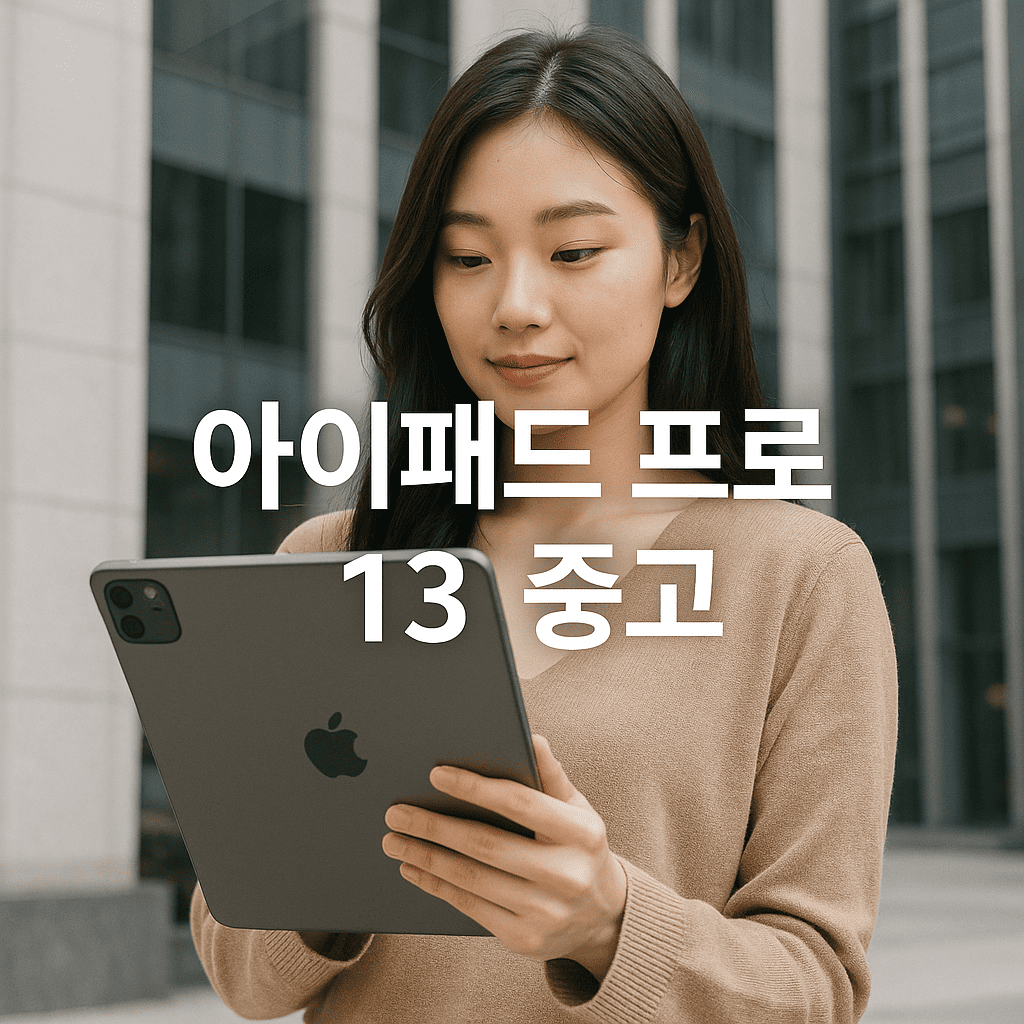 여성-모델이-아이패드-프로-13을-손에-들고-바라보는-모습,-배경은-고층-도심-건물,-중앙에-&quot;아이패드-프로-13-중고&quot;-텍스트-배치
