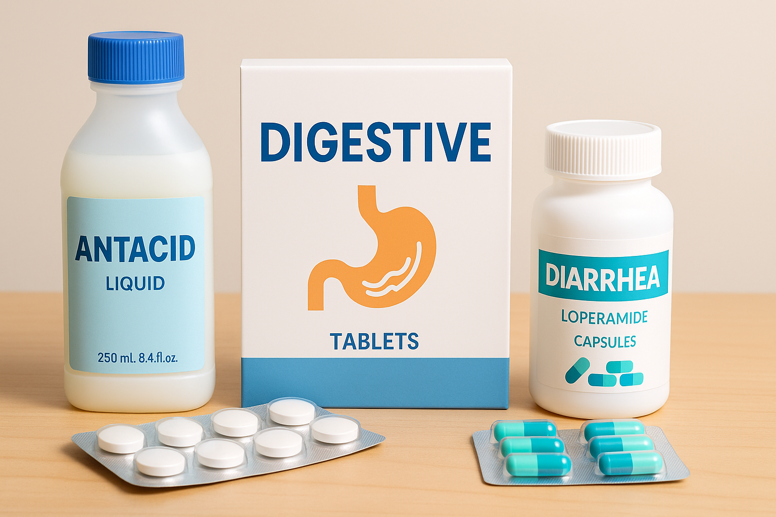 소화제, 지사제 등 위장약이 정리된 테이블 위 모습