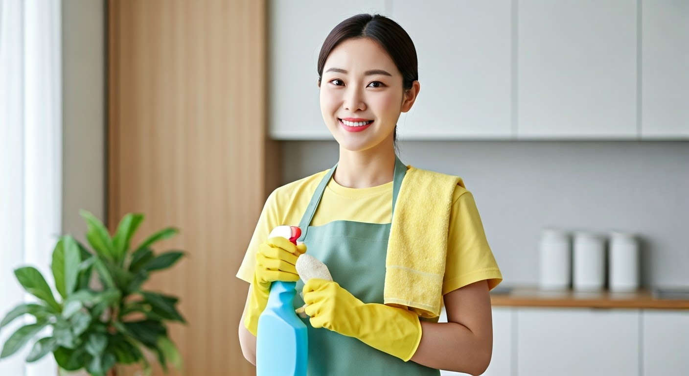 주방에서 청소하는 가사도우미 사진