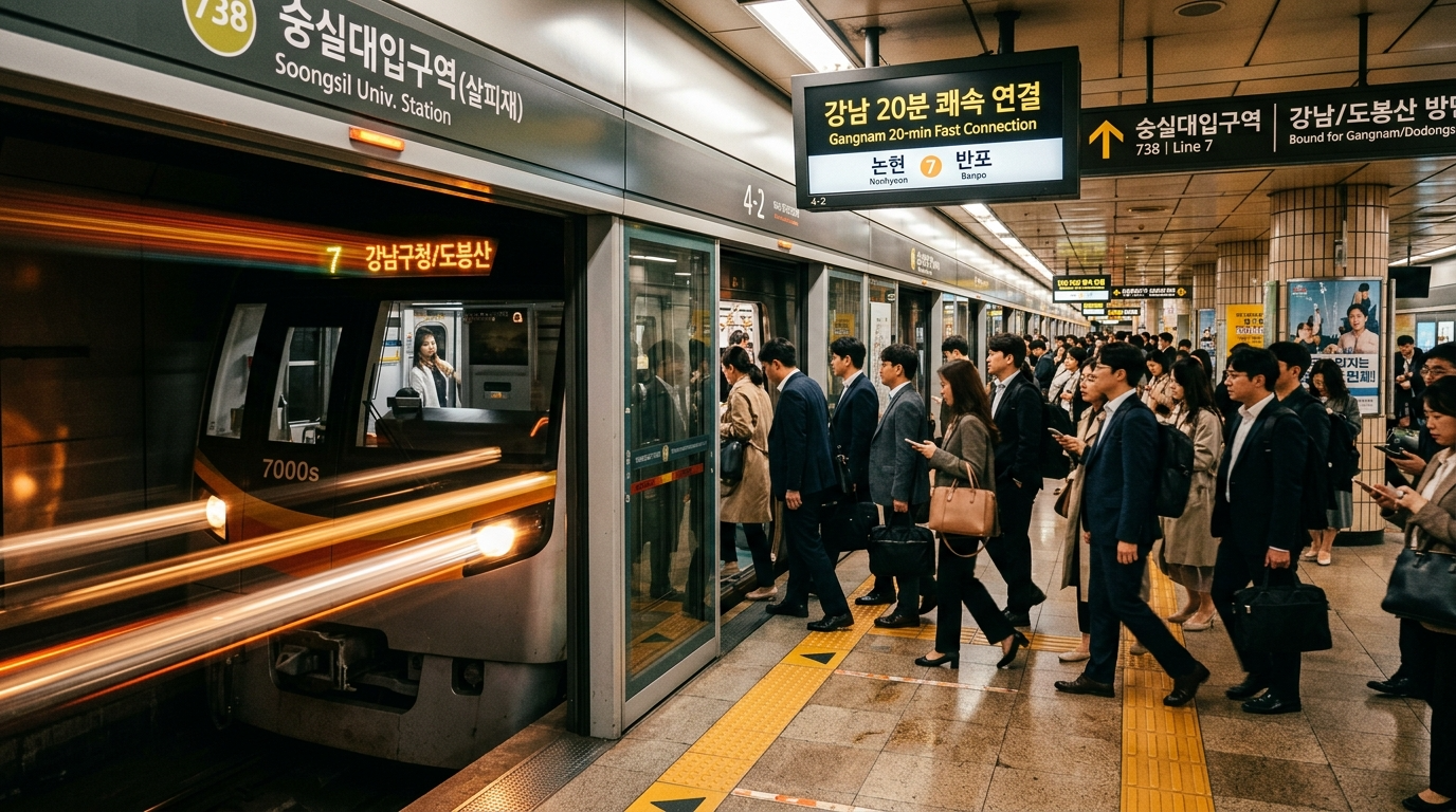 강남을 쾌속으로 잇는 숭실대입구역의 아침