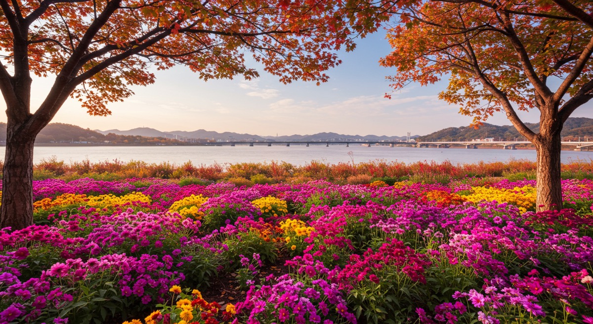 가을에 만개한 자라섬 남도 꽃 정원의 다양한 꽃들 전경