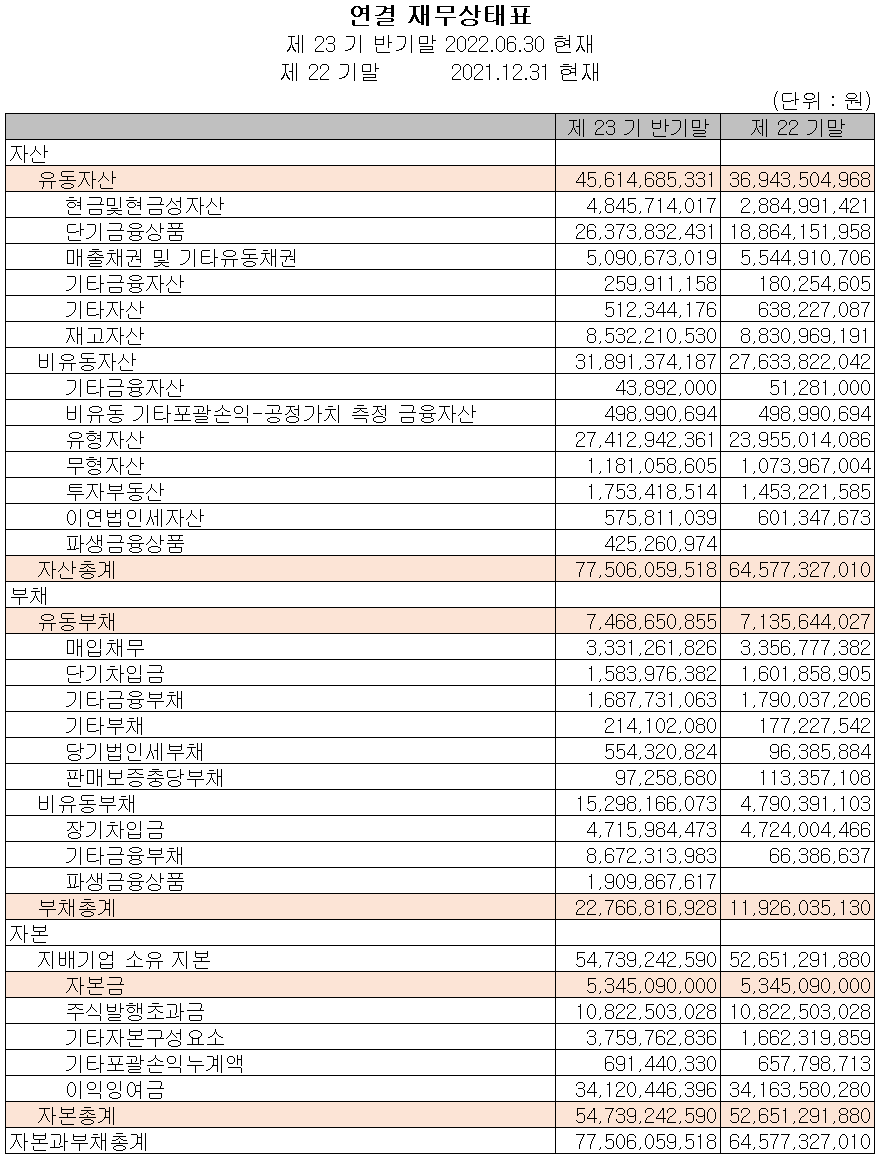 영화테크 - 재무상태표