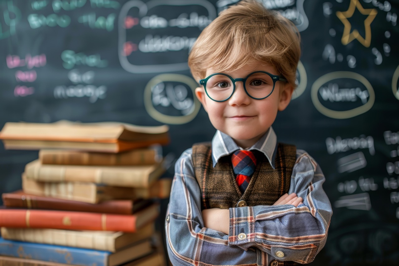 교실 칠판앞에서 당당한 학생의 모습