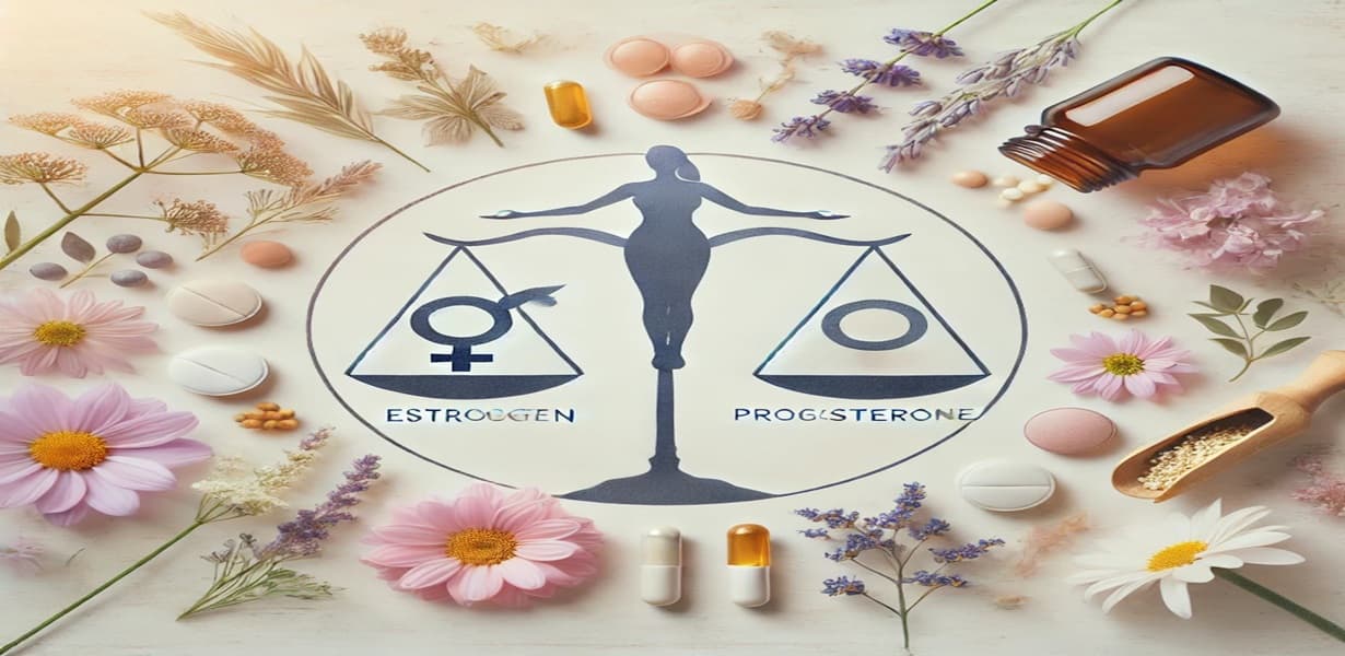 여성 호르몬 균형을 상징하는 저울과 요가 자세를 취한 여성 이미지