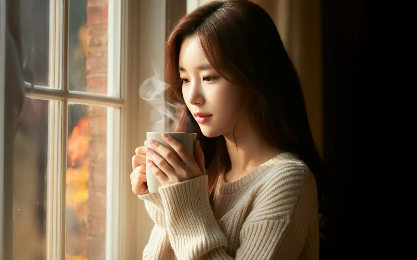 창가에서 커피를 마시는 여성