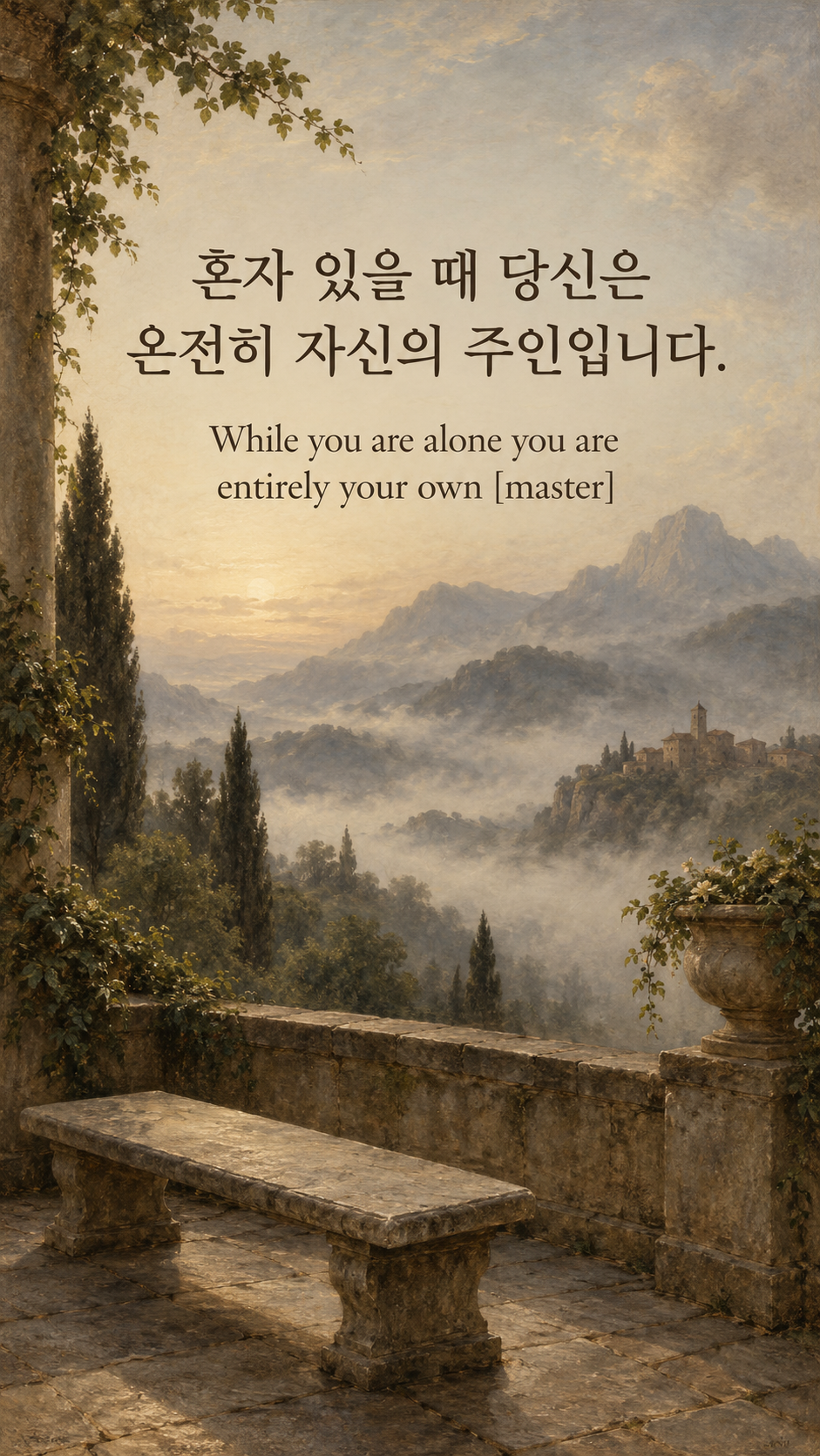 혼자 있을 때 당신은 온전히 자신의 주인입니다. &mdash; 안개 낀 산을 바라보는 빈 돌 벤치와 조용한 테라스, 다빈치풍 스푸마토 유화