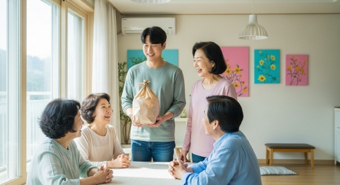 가정집 배경, 배달음식과 함께 기뻐하는 가족