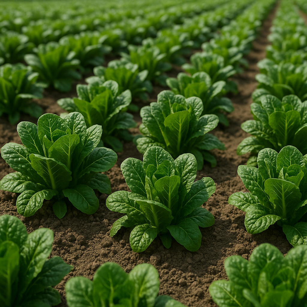 밭에서 줄지어 자라는 싱그러운 청로메인 채소