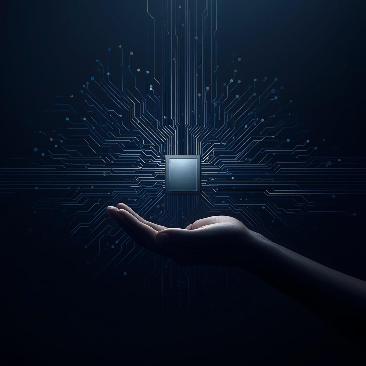 사용자의 손바닥 위에 떠 있는 고성능 프로세서 칩셋에서 파이프라인 형태의 신경망 회로가 전방위로 뻗어 나가는 상징적 일러스트. 애플의 온디바이스 AI 전략과 하드웨어 중심의 패권 재편을 시각화함.