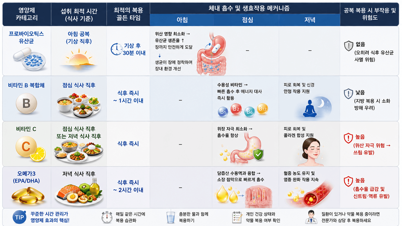 각 영양제의 하루 타임라인 배치 구도 이미지