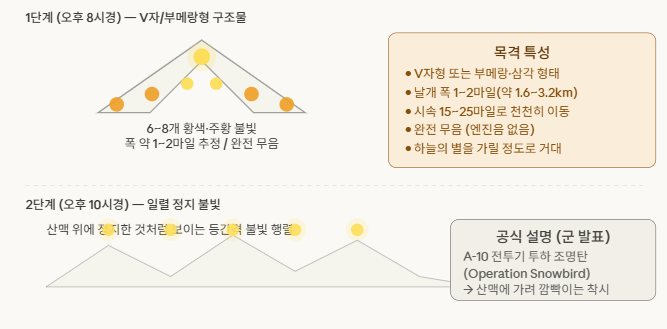 피닉스 라이트 사건 UFO 형태 인포그래픽 — 1997년 3월 13일 애리조나 피닉스 상공 목격된 V자형 부메랑형 비행체와 일렬 정지 불빛, 목격 특성 및 미 공군 공식 해명 비교 도식