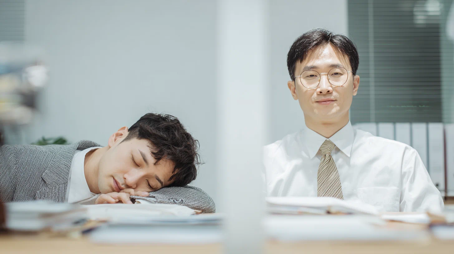 졸린 표정의 직장인과 또렷한 표정의 직장인 비교 장면