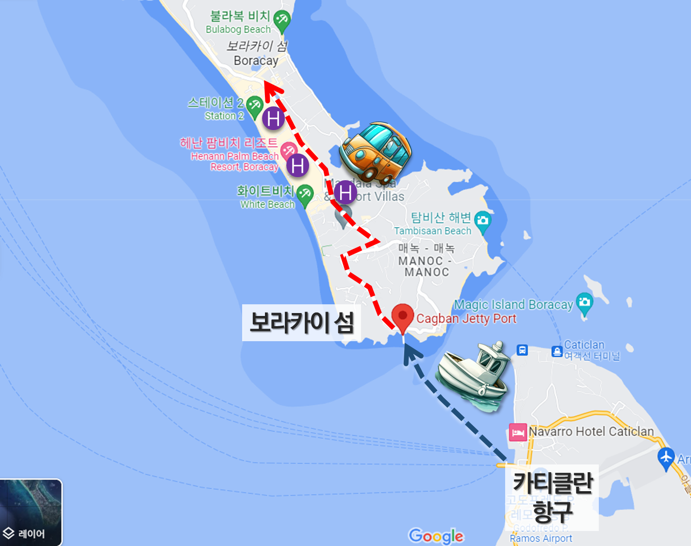 페리를 타고 보라카이 섬으로 가는 길 (지도 출처 : 구글맵)
