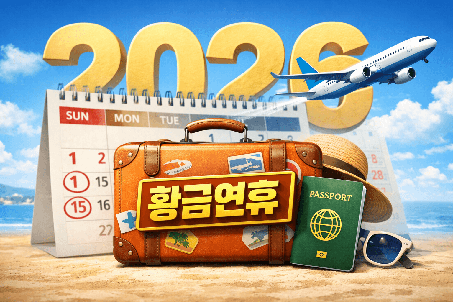 2026년 병오년 공휴일 달력과 여행을 상징하는 일러스트