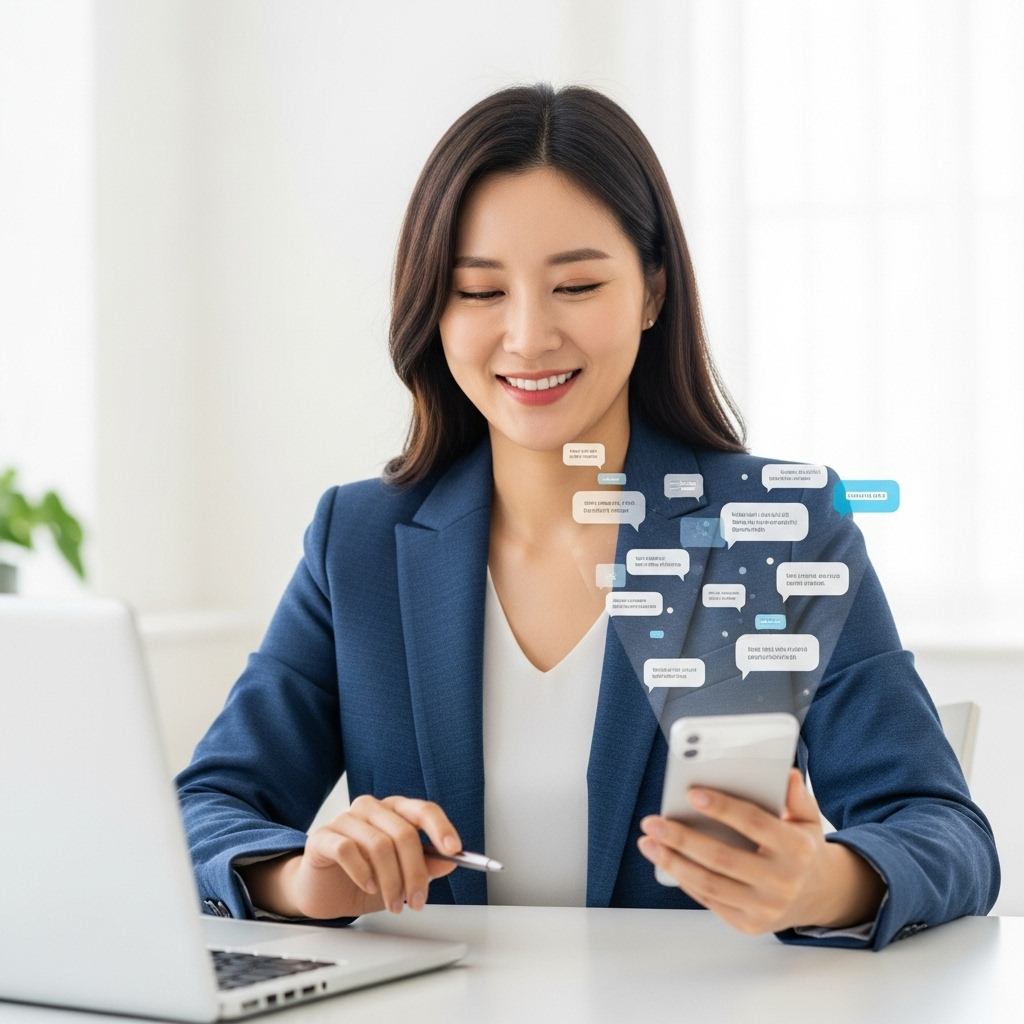 2025년 최신 단체문자발송 사이트 BEST 3를 비교하며 효율적으로 비즈니스를 운영하는 여성의 모습