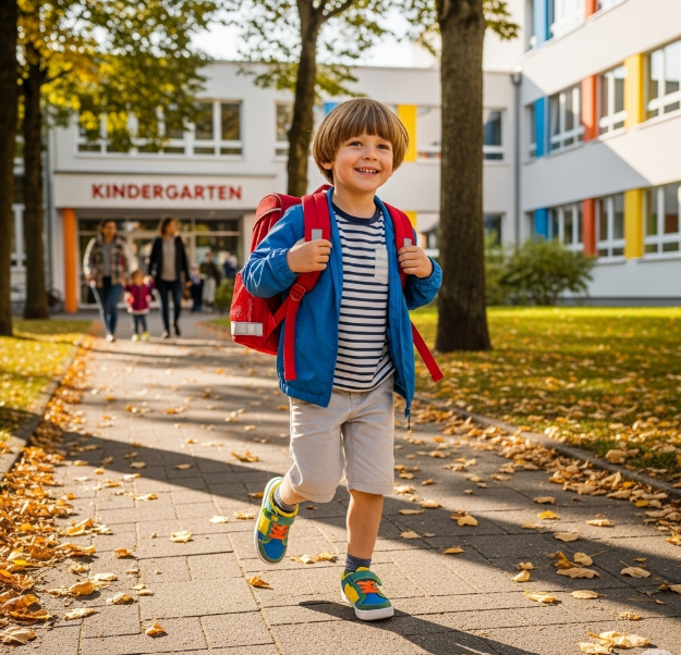 아이가 즐거운 표정으로 유치원에서 하원하는 모습