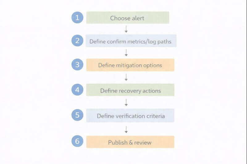 장애 대응을 확인, 완화, 복구, 검증 단계로 나누고 각 단계에서 경로와 체크 포인트를 채우는 작성 흐름을 보여주는 단계형 흐름도이다.