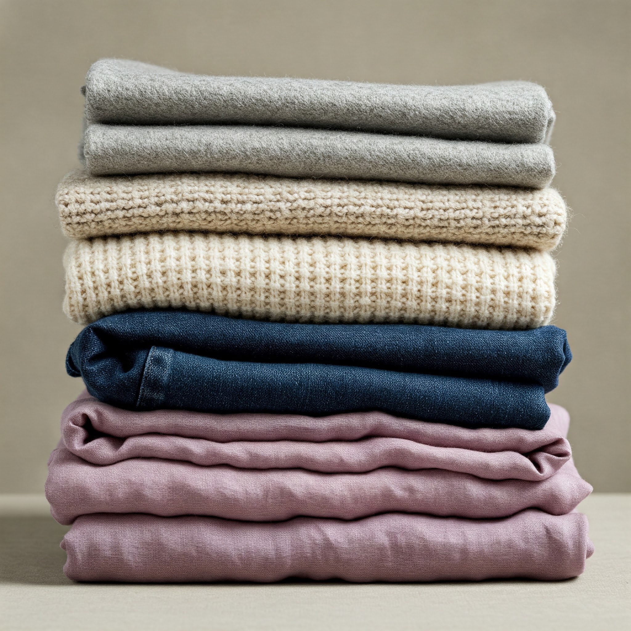 회색, 아이보리, 데님, 핑크 원단들이 쌓여있다.