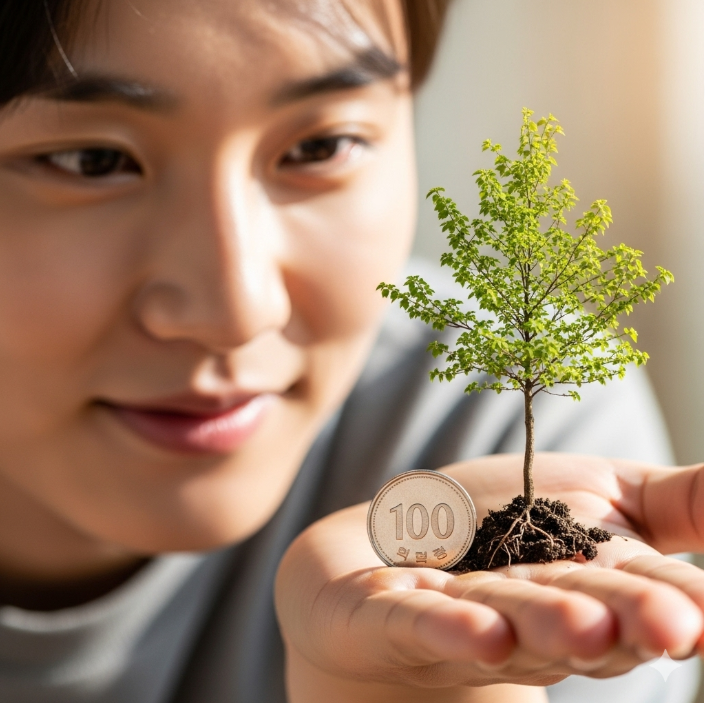 한 사람이 손바닥에 놓인 동전 하나를 소중하게 바라보고 있다. 그 동전 옆에는 싹을 틔운 작은 나무 한 그루가 자라고 있어, 작은 돈이 미래의 큰 자산으로 성장하는 것을 상징한다.