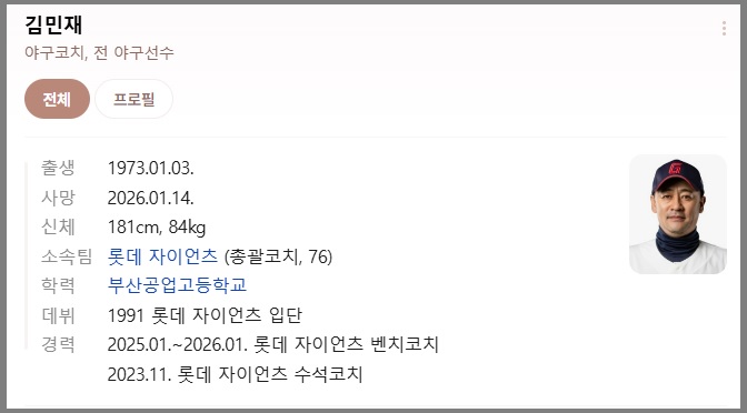 김민재 롯데 코치 별세 프로필