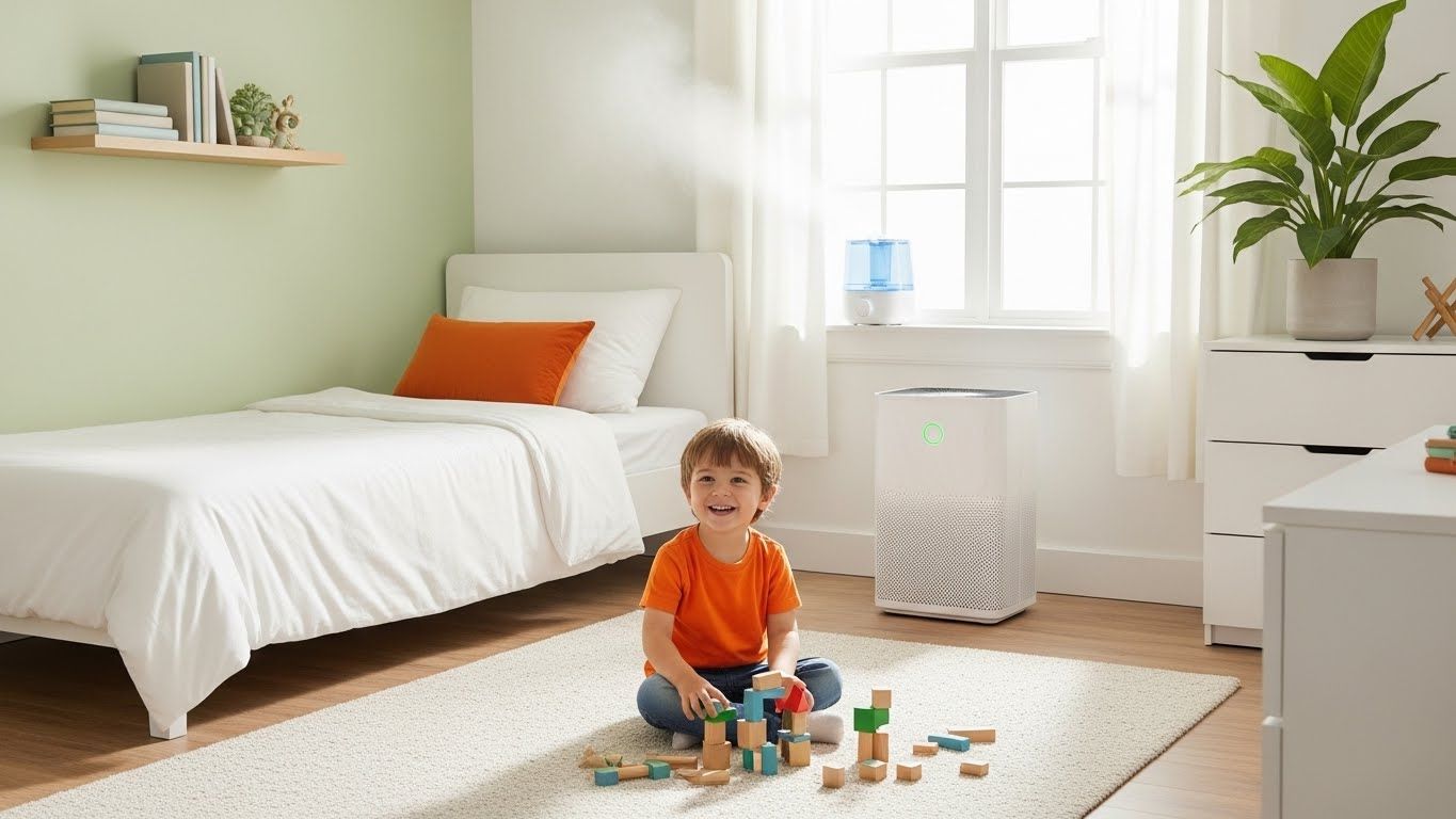 밝고 깨끗하고 정돈된 어린이 방의 일러스트로, 공기청정기, 가습기, 깨끗한 침구류, 최소한의 먼지 등 아토피 피부염 아동의 건강한 환경에 기여하는 요소를 보여줍니다.