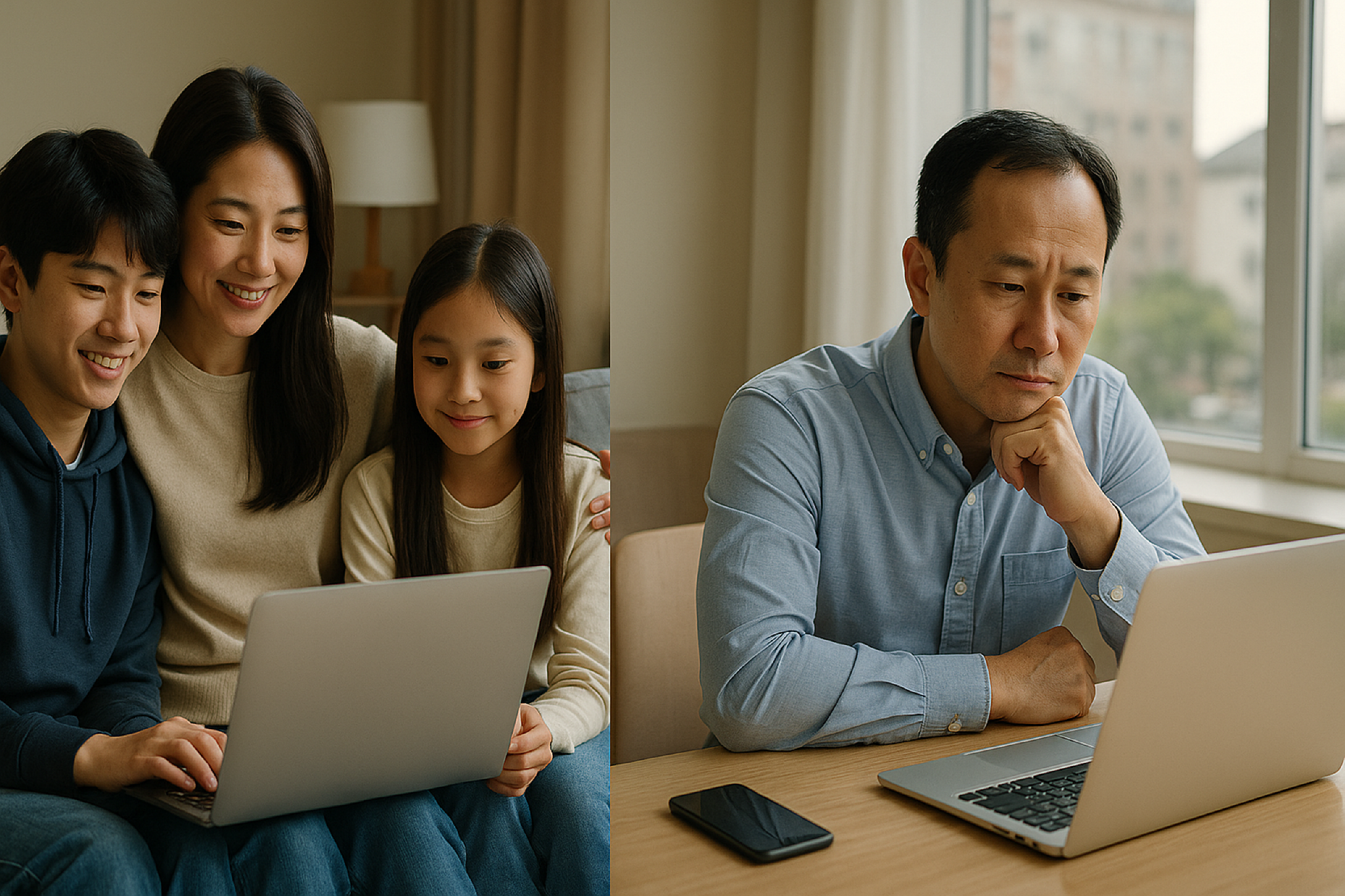 자녀의 해외 조기 유학을 위해 떨어져 살지만, 화상통화를 통해 안부를 묻는 기러기 가정의 모습