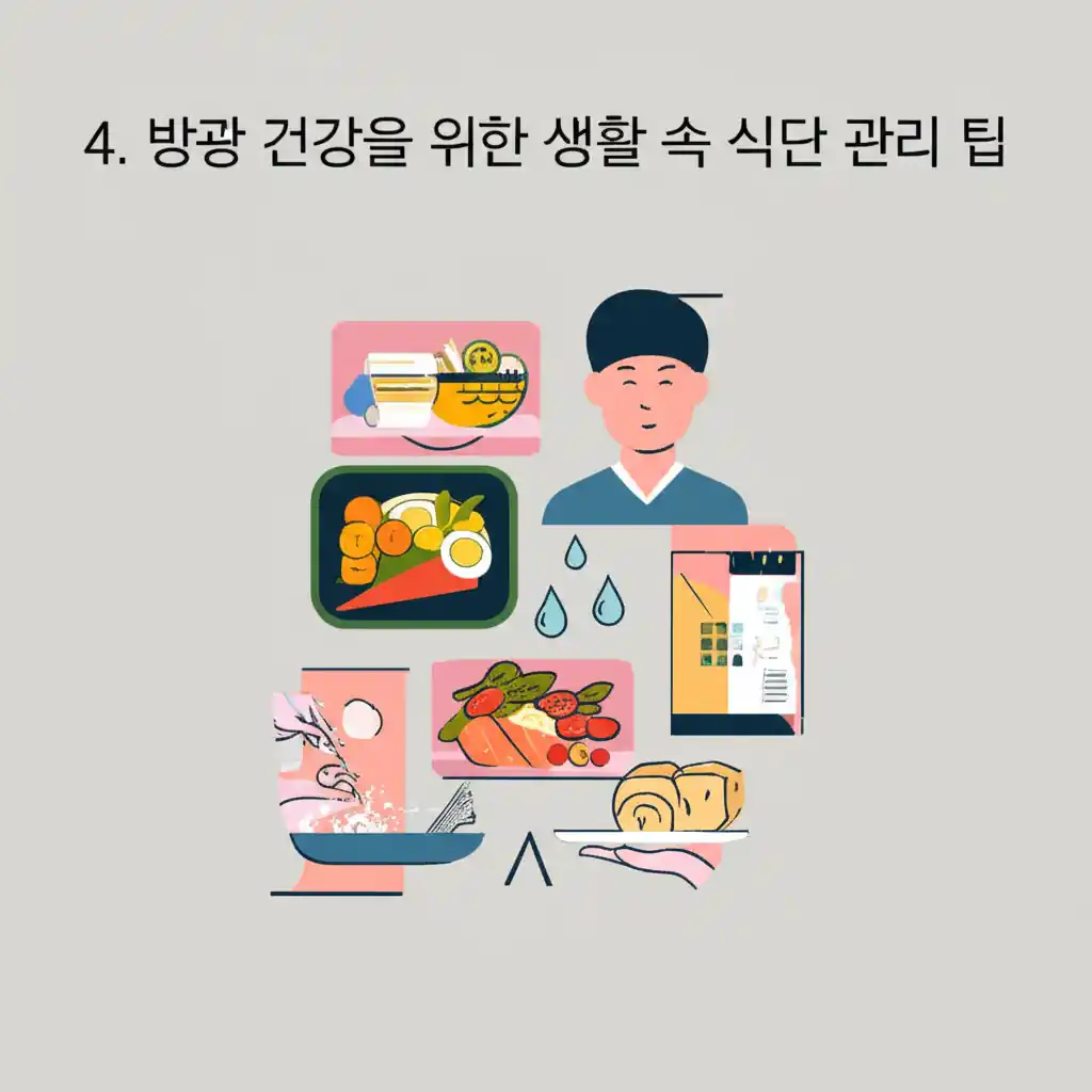 방광염에 좋은 음식으로 구성된 방광 건강 식단 관리 팁. 물, 크랜베리, 채소 등.