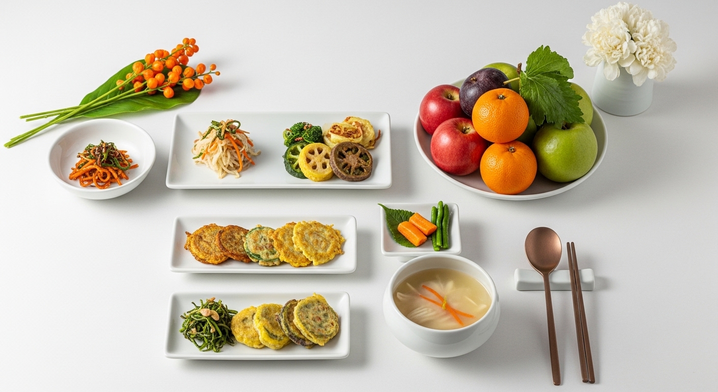 간소화된 설 제사상에 정갈하게 놓인 몇 가지 음식들. 나물, 전, 과일, 탕 등이 현대적인 감각으로 보기 좋게 차려져 있습니다.