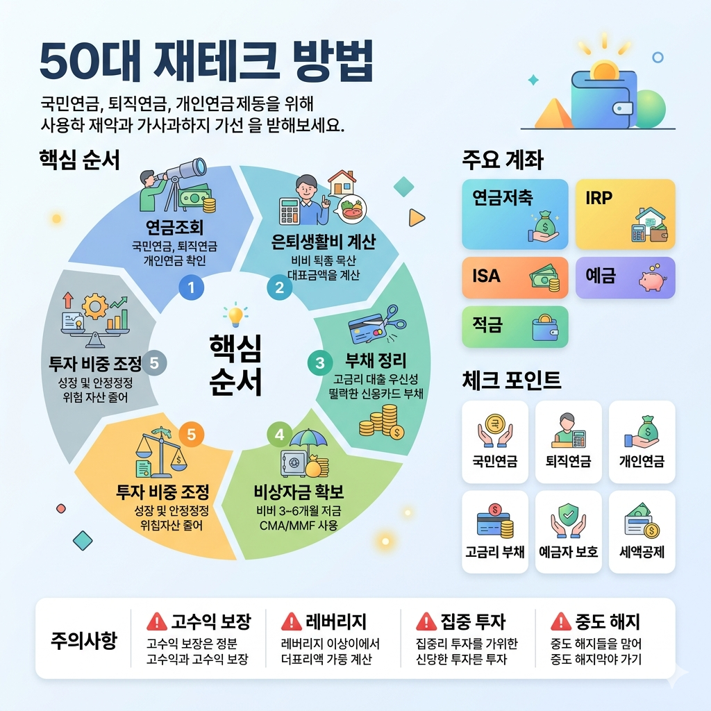 50대 재테크 방법 은퇴 전 꼭 점검해야 할 자산관리 전략 인포그래픽