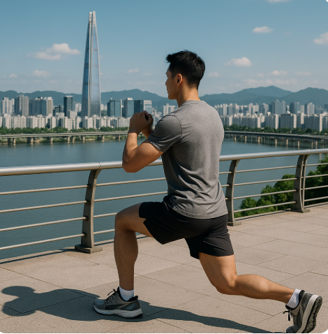 서울 풍경 보면서 운동하는 사람