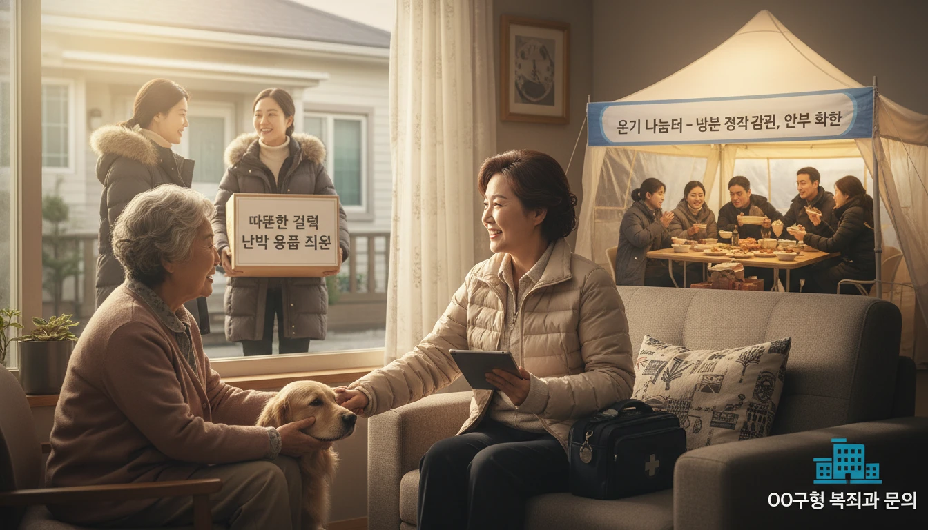 사회복지사가 독거노인이나 장애인 등 취약계층의 가정을 방문하여 따뜻하게 안부를 확인하거나 지원 물품을 전달하는 다정한 장면입니다.