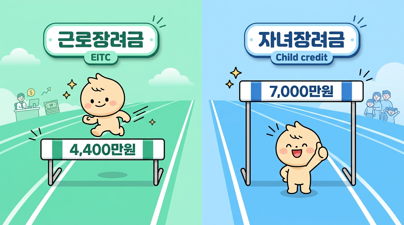 근로장려금과 자녀장려금의 소득 기준 차이를 보여주는 인포그래픽
