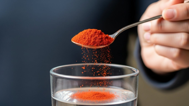 물컵에 구기자 분말을 넣는 손의 클로즈업