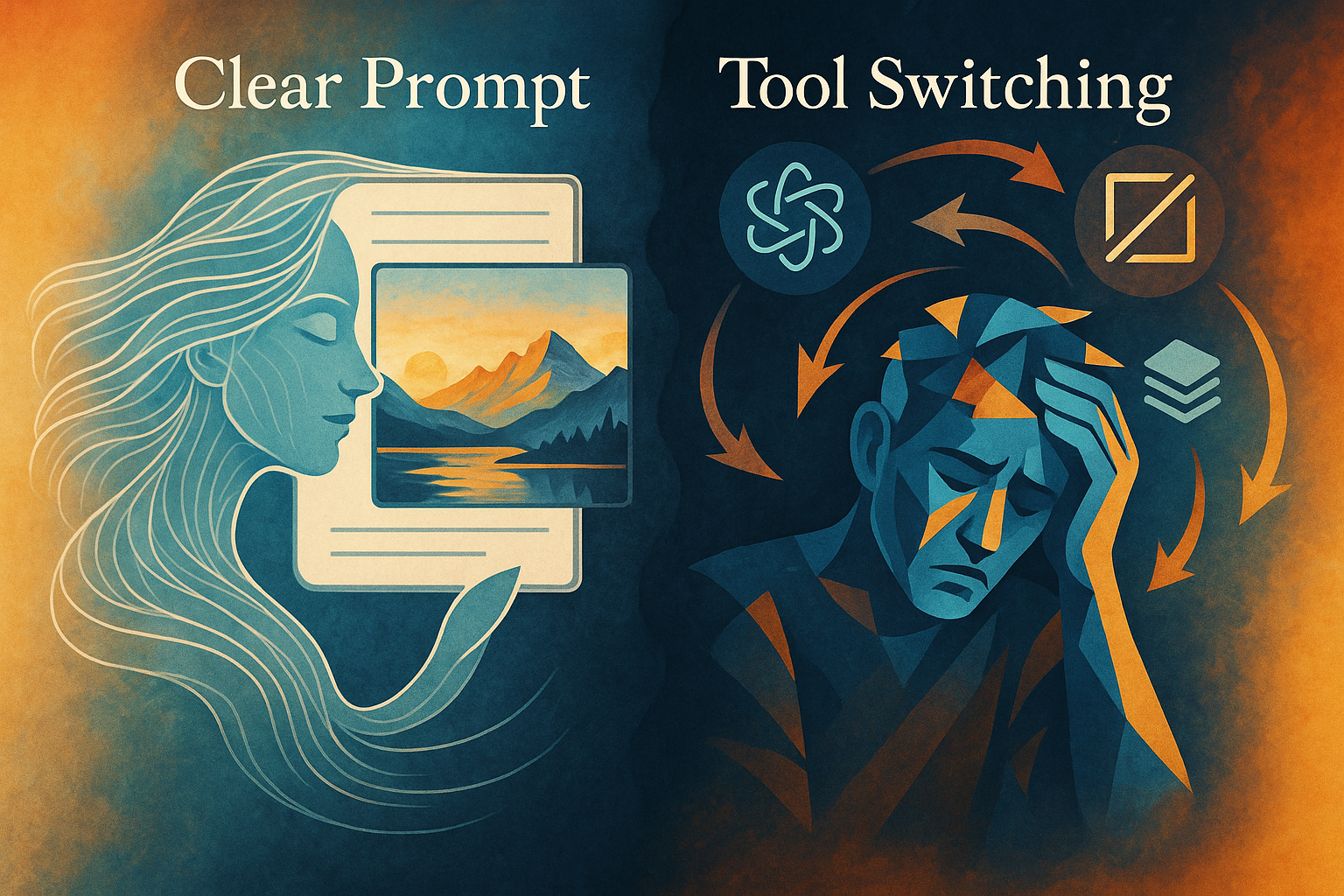명확한 프롬프트로 결과를 얻는 평온한 인물과, AI 툴을 전전하다 혼란스러운 사용자의 대비 장면을 예술적으로 표현한 일러스트