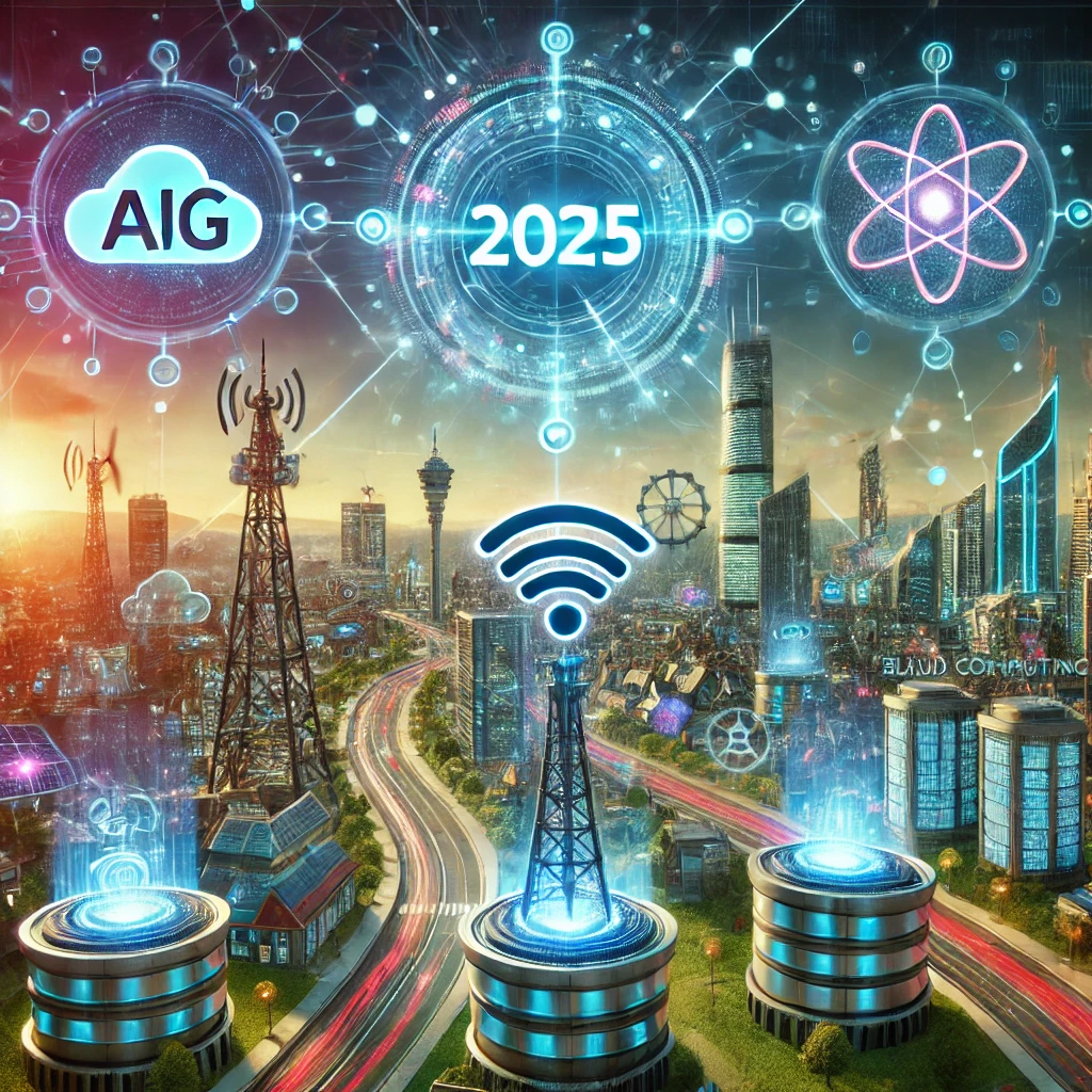 2025년 IT 기술 트렌드: AI, 6G, 블록체인, 클라우드 기술이 구현된 미래형 하이테크 도시 환경. 초연결 사회를 강조하는 디지털 미래 그래픽