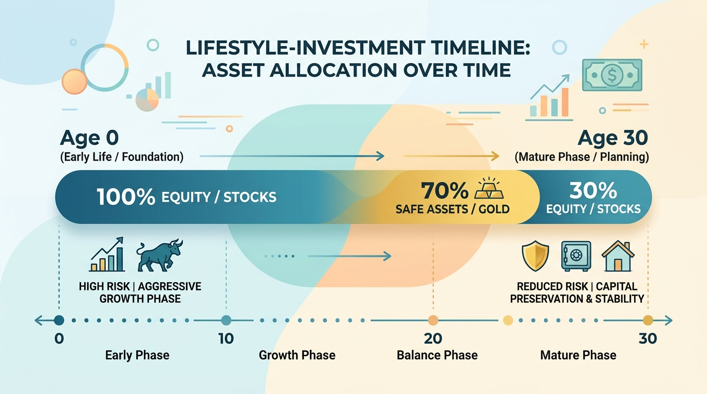 시간이 흐름에 따라 주식 비중을 줄이고 안전자산 비중을 늘리는 '100-나이' 법칙 시각화 도표
