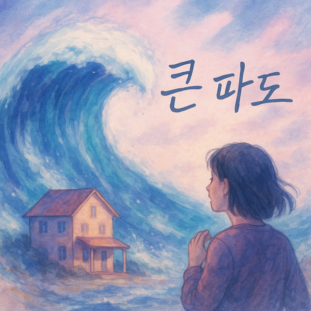 몽환적인 파스텔톤 일러스트로 거대한 파도가 집을 향해 몰려오고, 여성이 불안하게 바라보는 장면