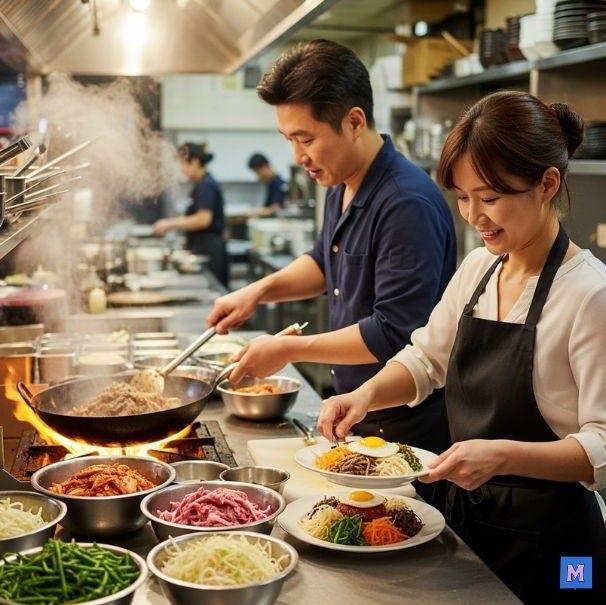 소상공인 식당 주방에서 요리하는 사장님들 - 상생페이백 혜택 대상 중소상공인 매장 운영 모습 via Gemini