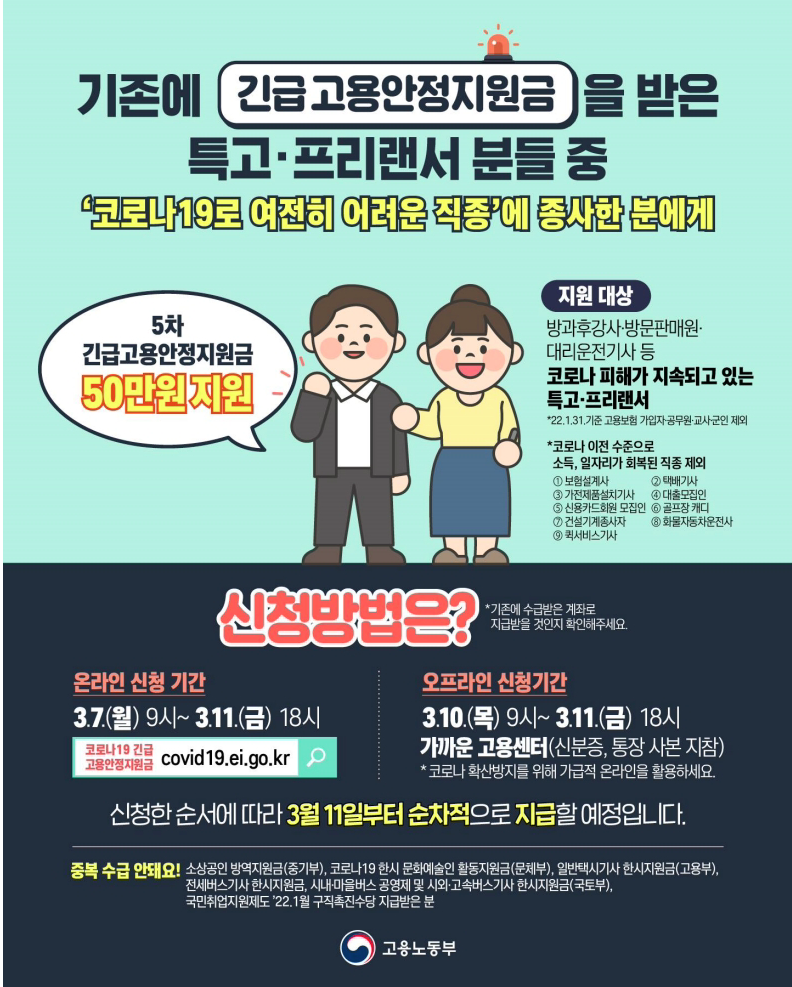 특고 프리랜서 5차 긴급고용안정지원금 포스터