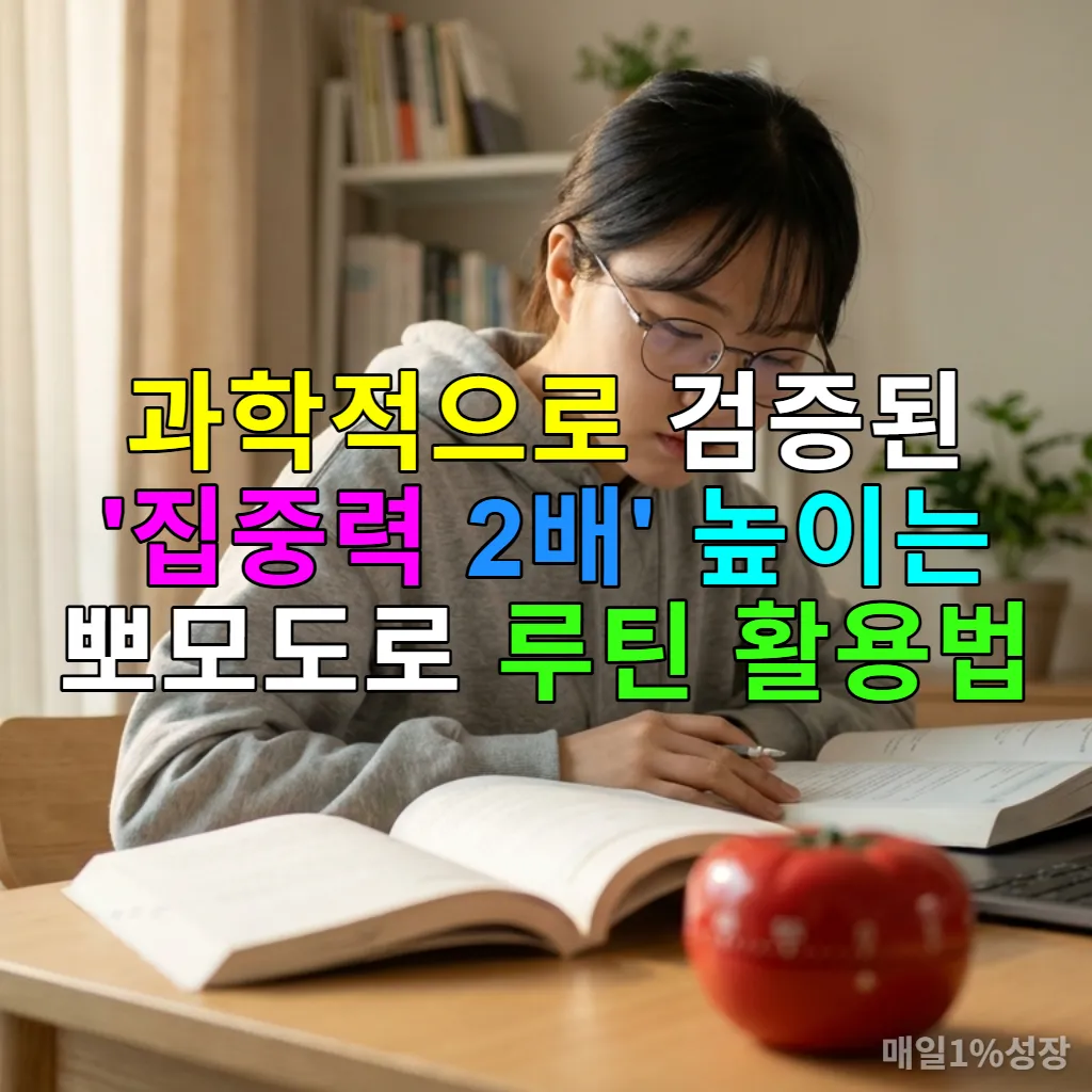 책상에 앉아 뽀모도로 타이머를 활용하여 공부에 집중하는 한국 학생의 모습