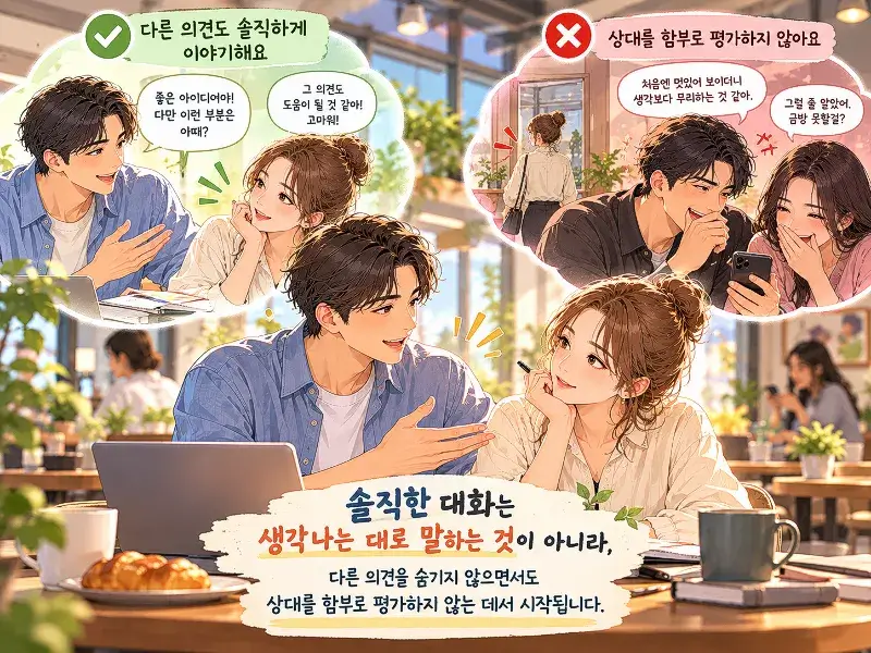 Pyoribudong (表裏不同), a Korean four-character idiom illustration contrasting honest communication and respectful disagreement with gossip and unfair judgment, emphasizing sincerity and consistency between words and actions.