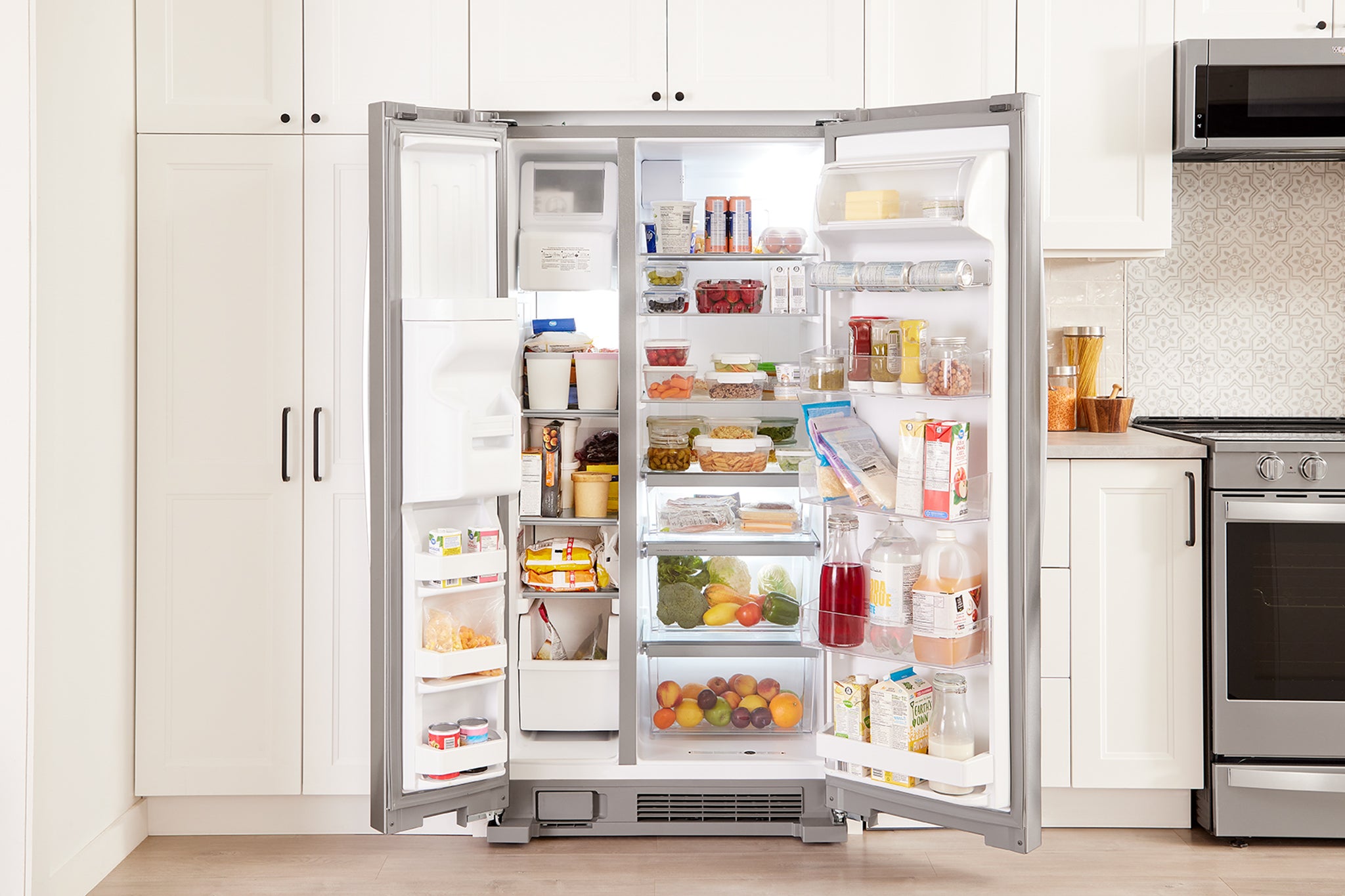 A refurbished refrigerator in a stylish kitchen, representing affordability and quality.