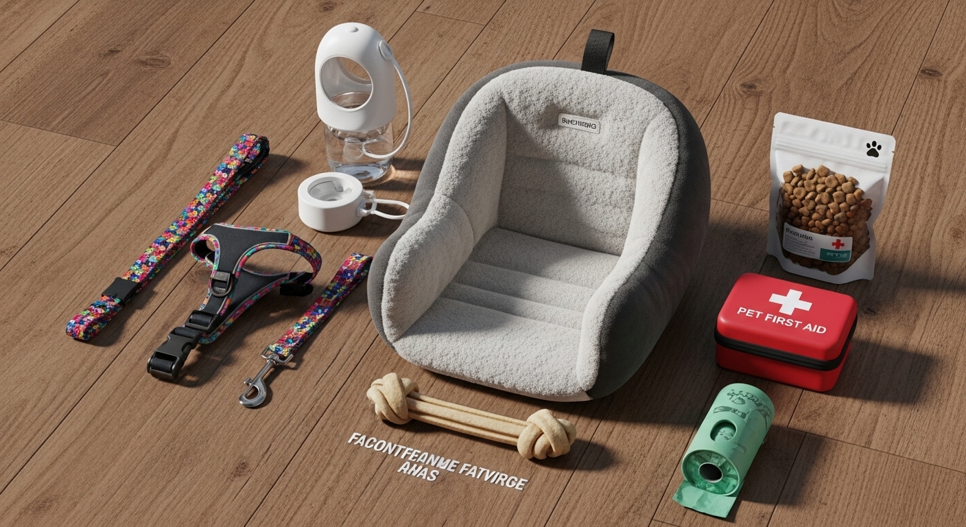 펫캉스 여행을 떠나기 전 챙겨야 할 필수 준비물들이 나열된 이미지